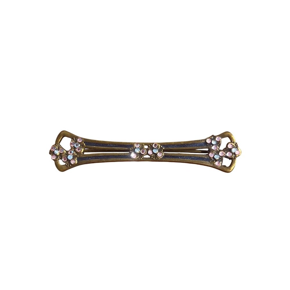 Vintage Brass Brooch Pin Pink Clear Iridescent Rhinestone Floral Design 2.75"